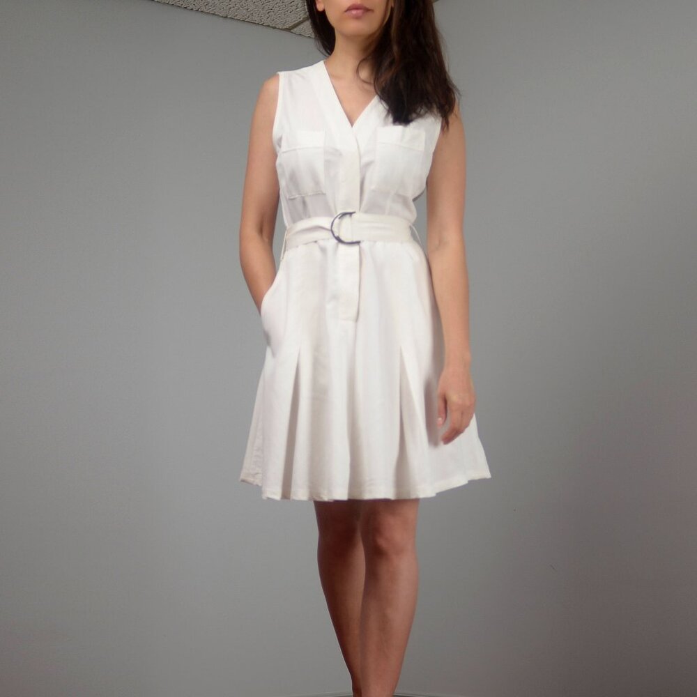 White Pleated Button Up Belted Tennis Dress, Modal Linen Blend Day-to-Night Mini